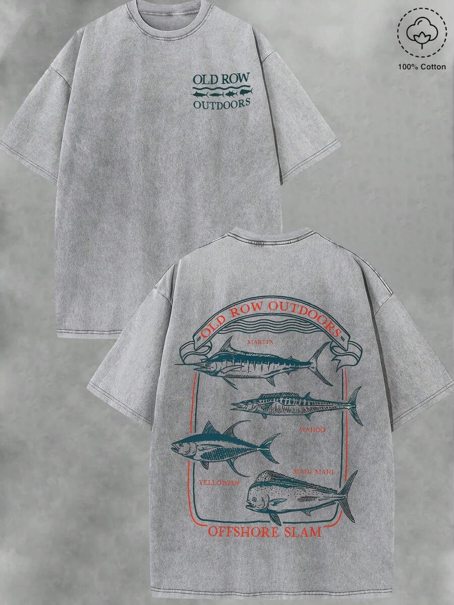 Men's Washed Cotton T-Shirt - Retro "Offshore Slam" Fishing Graphic Street Tee | Soft Breathable 230g Summer Casual Outfits | Men's Street Fashion Short Sleeve Top - 灰色 - 查看 1