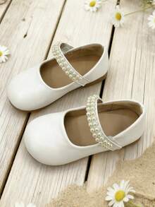 1 Pair Girls Mary Jane Dress Shoes With Pearl Strap, Hook And Loop Closure, Flat Shoes For Kids Party Ceremony And Daily Wear
