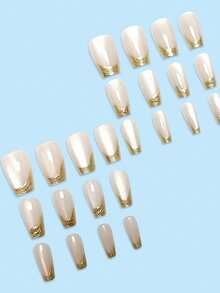 Bộ 24 móng giả vuông ngắn 3D mạ vàng kiểu Pháp, móng giả mắt mèo, bao gồm 1 gel dán và 1 dũa móng. Bộ móng giả có thể tháo rời này phù hợp cho phụ nữ và các cô gái dự tiệc, dạ hội, sử dụng hàng ngày và nhiều dịp khác. Chúng có thể tháo rời và tái sử dụng, giữ được vẻ ngoài sang trọng tinh tế, tối giản nhưng thanh lịch, thể hiện đầy đủ phong cách cao cấp. Móng giả mắt mèo. - Vàng - Xem 2