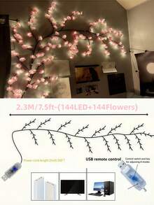 1个樱花枝形灯，USB供电，8种照明模式，柔软灵活的藤条装饰灯，适用于秋季装饰、客厅、卧室、办公室、书房、墙面、游戏室、户外露台、婚礼、情人节、圣诞节装饰、派对等场合。 - 粉色 - 查看 13