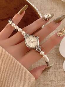 1 chiếc vòng tay hạt cườm đồng hồ thạch anh nữ, kiểu dáng tinh tế, thời trang đơn giản, cổ điển, phù hợp để đeo hàng ngày hoặc dự tiệc. - Vàng - Xem 4