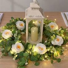 1个仿真尤加利花环，带玫瑰，仿真绿色植物花环，人造花卉悬挂藤蔓装饰，适用于桌子、壁炉、墙壁、拱门、家居、婚礼派对装饰，香槟色/粉色/白色，万圣节，圣诞节花卉装饰，情人节。 - 彩色 - 查看 10