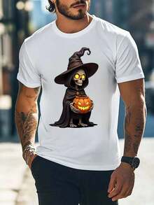 Camiseta de Bruja Esqueleto, Camiseta de Moda Casual de Algodón Puro Peinado de Manga Corta y Cuello Redondo para Hombres y Mujeres, para Halloween Z6SE - Negro - Ver 9