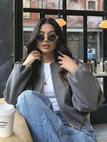 Women's Autumn New Deep Grey Ribbed Zipper Pocket Casual Style Soft Bomber Jacket, Comfortable & Versatile, Suitable For Commute And Leisure Wear, Elegant & Versatile - Dark Grey - View 1