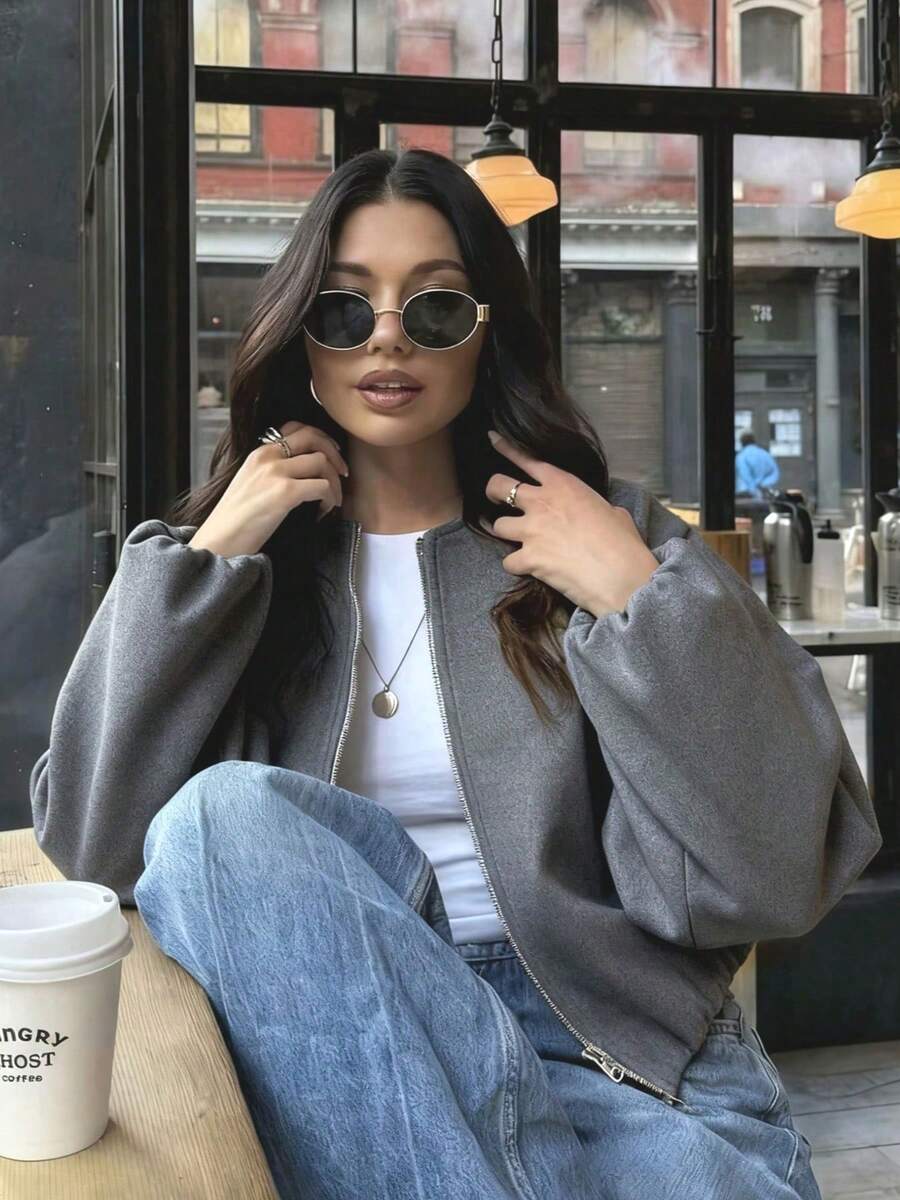 Women's Autumn New Deep Grey Ribbed Zipper Pocket Casual Style Soft Bomber Jacket, Comfortable & Versatile, Suitable For Commute And Leisure Wear, Elegant & Versatile - Dark Grey - View 1