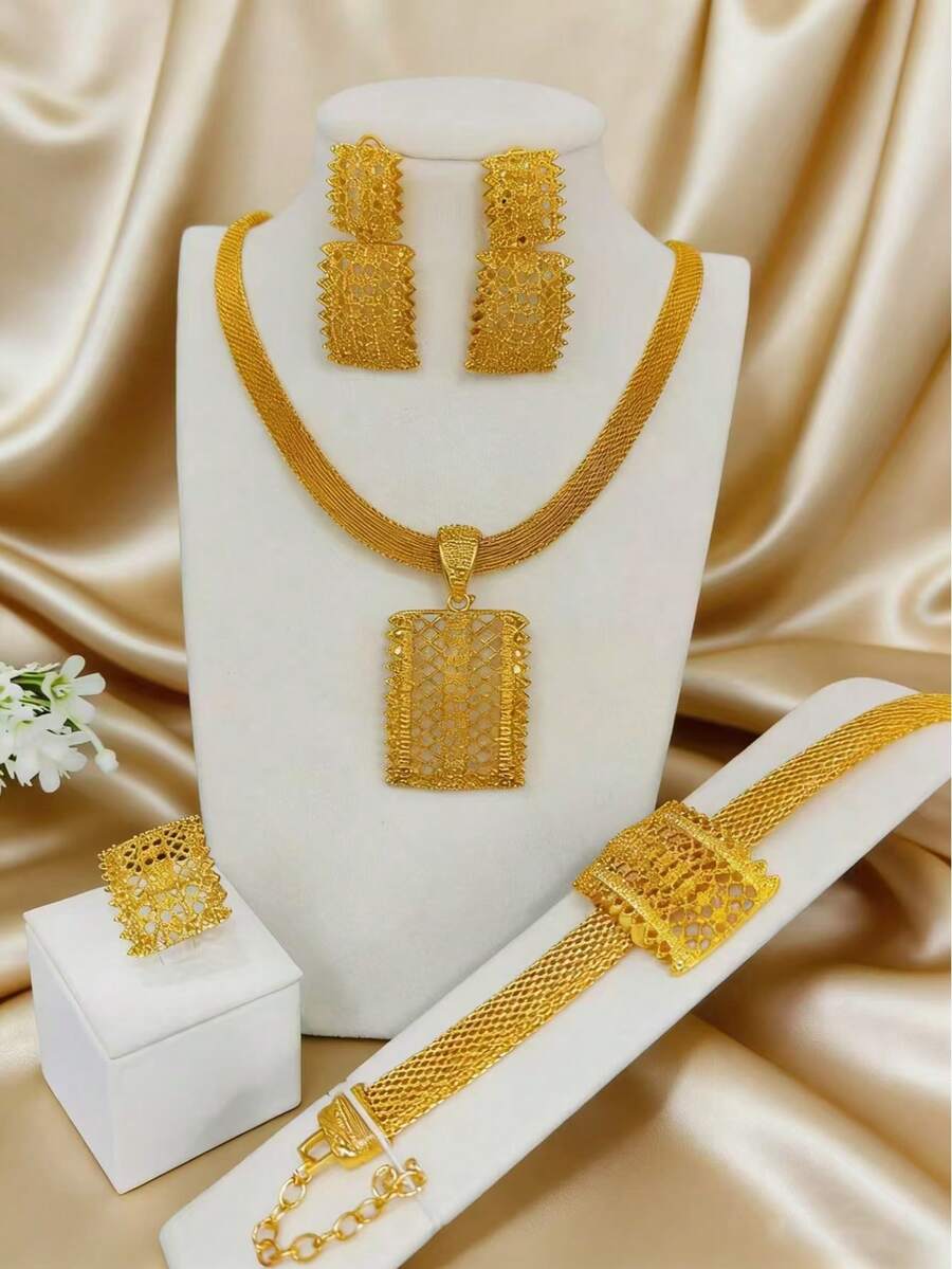 1 Necklace, 1 Bracelet, 1 Ring, 1 Pair Of Earrings - 4pcs Fashionable Women's Gold-Plated Hollow Geometric Jewelry Set, Suitable For Weddings, Parties, Holidays, Gifts For Mom, Sisters, Girlfriends - Yellow Gold - View 1