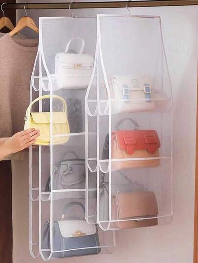 1pc Space-Saving Mesh Storage Bag With 6/8 Compartments, Multi-Layer Hanging Handbag, Wardrobe, Wallet Storage Bag, Bag Organizer Rack, Can Be Used To Store School Supplies, School Accessories, Back-To-School Decorations, Room Decorations, Home Decorations, And College Student Storage Items