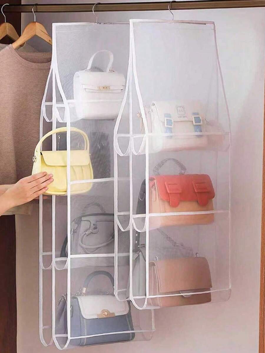 1pc Space-Saving Mesh Storage Bag With 6/8 Compartments, Multi-Layer Hanging Handbag, Wardrobe, Wallet Storage Bag, Bag Organizer Rack, Can Be Used To Store School Supplies, School Accessories, Back-To-School Decorations, Room Decorations, Home Decorations, And College Student Storage Items
