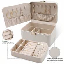 Jewelry Box, 2 Layers PU Leather Jewelry Organizer Box, Large Capacity, Double Lock And Large Mirror, Hidden Necklace Hooks, Removable Dividers, Gift Box Packaging, Grey - Gray - View 2