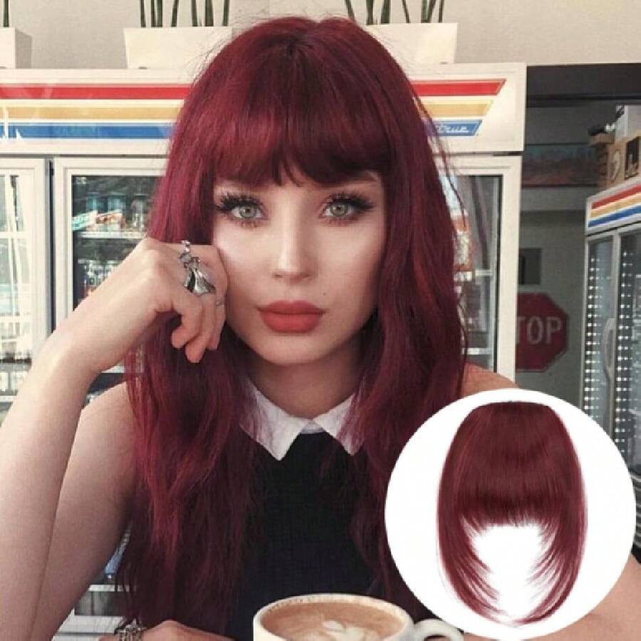 French Clip On Bangs, Burgundy Long Wispy Bangs Hair Clip With Temple Full Fringe Curtain Bangs Hair Clip Hair Piece Thick Fake Bangs Clip In For Women(#99J/118A-Burgundy),38546577 - 酒紅色 - 查看 1