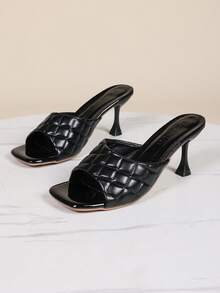 Black Square Toe High Heel Sandals, New Spring/Summer Rhombus Pattern Leather Upper Strap Peep Toe High Heel Shoes, Elegant Lady Fashion Stiletto Dress Sandals For Commuting - Black - View 13