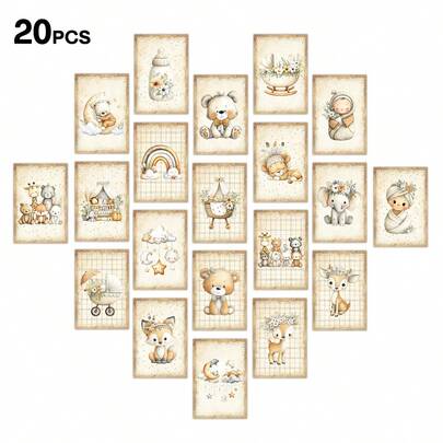 20pcs Vintage Rural Style Forest Animals Wall Art Set - Cute Animals And Floral Aesthetic Posters & Collage Kit For Retro Room Decor, Teen Dorms & Photo Displays, 3.94x5.91 Inches