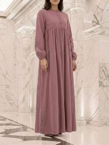 Vestido abaya de manga larga con cuello redondo de tela tejida de lavanda para mujer, diseño con detalles de botones, elegante estilo árabe - Morado - Ver 2