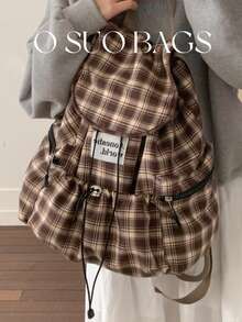 1个时尚格子多口袋尼龙休闲背包，防水、轻便、可折叠、抽绳、字母贴片、旅行包 - 彩色 - 查看 10