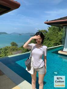 V领纯色修身短袖T恤，休闲白色，夏季款 - 白色 - 查看 3