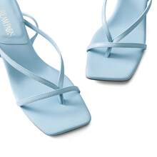 Women Minimalist Low Kitten Heeled Ankle Strap Thong Sandals, Sexy Square Toe Fashion Heeled Sandals - 淺藍色 - 查看 6
