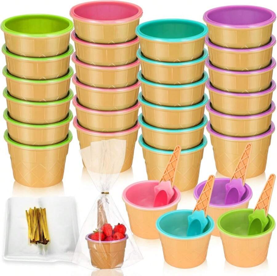 Gerrii 24 Pack Ice Cream Bowls With Spoon Plastic Ice Cream Cups Candy Color Dessert Sundae Frozen Yogurt Bowls Kit And 24 Clear Plastic Cellophane Bags For Ice Cream Party Summer Holiday Supplies - 白色 - 查看 1