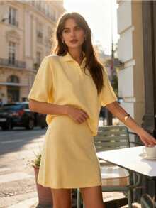Ensemble top à manches courtes et mini-jupe tricotés minimalistes de style européen et américain à la mode VIBEWAVE pour le printemps/été - Jaune citron - Voir 1