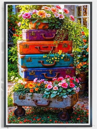 1 st diamantmålningsset med drömlik trädgård, färgglad vintage-blomkonst i resväska, full borr med verktyg, väggkonst för heminredning, present till vardagsrum/sovrum