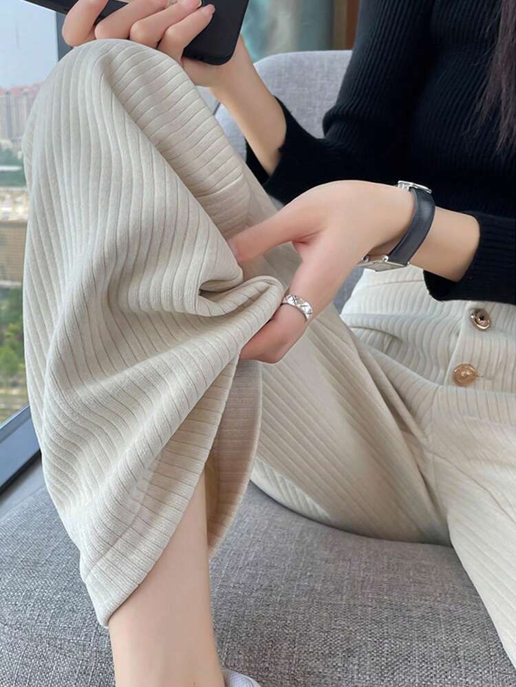 1件纯色涤纶口袋纽扣女式长裤，[腰围可调节]，宽松灯芯绒裤，休闲裤，适合办公室、假日、学校、度假、居家日常穿着，春、秋、冬三季皆宜。 - 杏色 - 查看 4