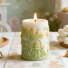 1个复活节兔子圆柱蜡烛硅胶模具 - 花卉浮雕圆柱体，DIY石膏装饰，树脂工艺品，适合复活节派对装饰和创意礼物 - 白色 - 查看 6
