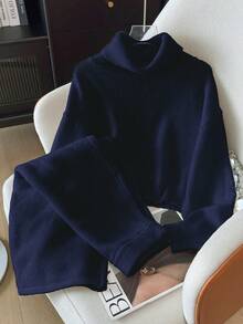 Women's Casual Knit Sweater & Maxi Skirt Set, Loose Fit High Neck Pullover And Long Skirt, Solid Color, Autumn/Winter - Navy Blue - View 3