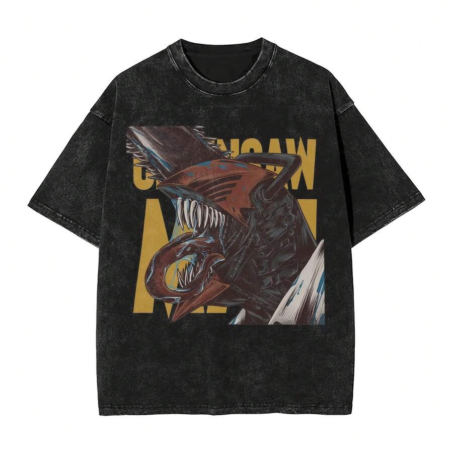 T Shirt Hip Hop Washed Short Sleeve Harajuku T-Shirt Anime Manga Novelty Men Women Tops Streetwear Summer Tops Tees - 黑色 - 查看 1