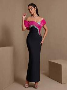 撞色水钻装饰不对称正式礼服，适合晚宴 - 彩色 - 查看 2