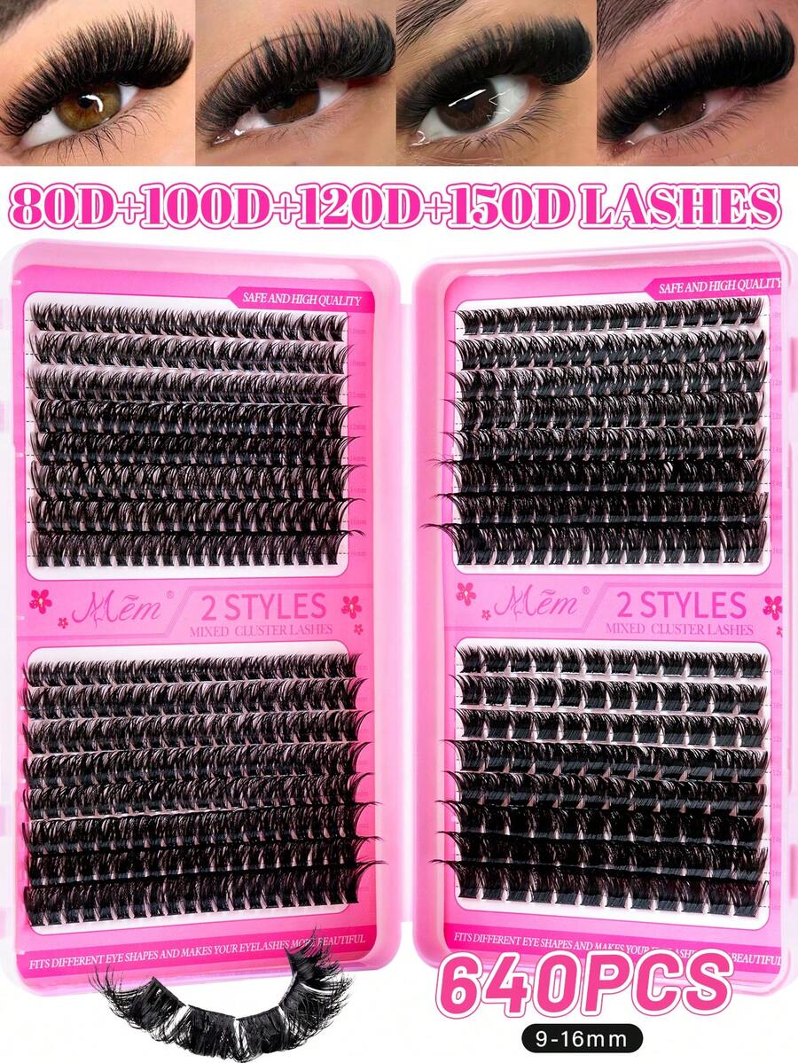 MEM 644/544/300片D型卷翘假睫毛簇，大容量DIY假睫毛嫁接套装，适合初学者，持久耐用，混合单根假睫毛款式，DIY假睫毛簇，在家轻松打造迷人双眸，美容必备，大容量假睫毛套装，适用于角色扮演、婚礼、晚宴、舞台妆容等场合。(50D/60D/80D/100D/120D/150D)
