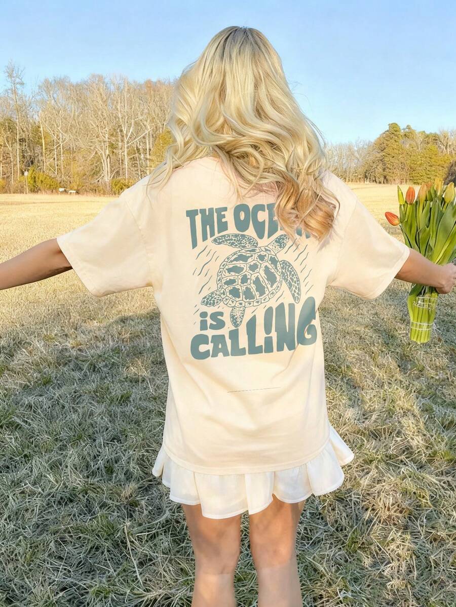 Casual Printed Round Neck Short Sleeve T-Shirt Dress, Essential Summer Student Outfit Sea Turtle Graphic T-Shirt, Suitable For Daily Wear! Girls Printed Tee Shirt, Summer Top For Tween Girl