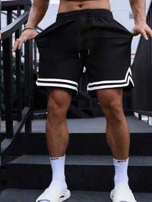 男士篮球短裤一条装 - 夏季运动风，轻薄宽松，速干，及膝长度，网眼面料，黑色 - 黑色 - 查看 3