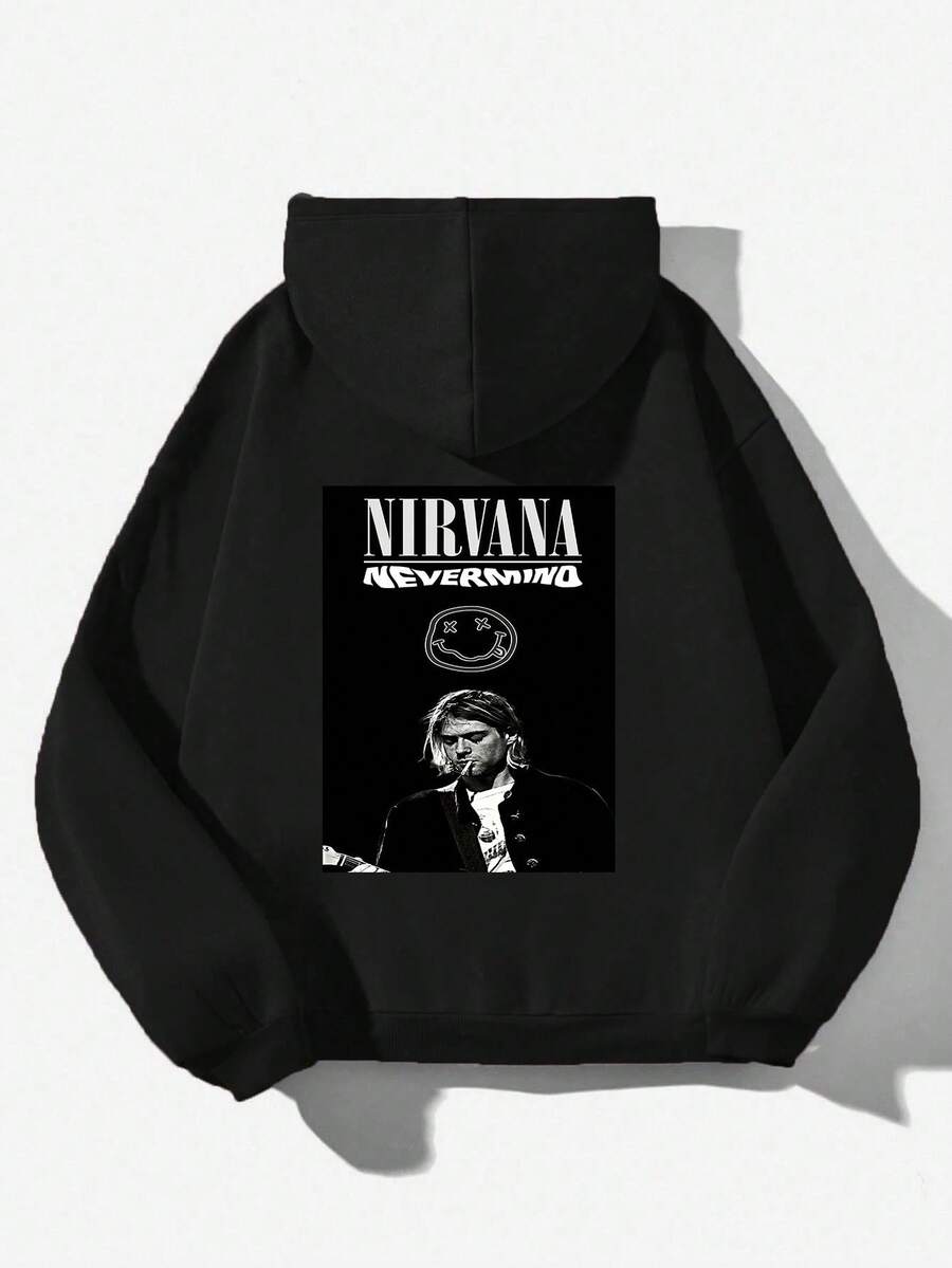 NirvanaS-KurtCoS Pullover Hoodies Printed Hoodies Mens And Womens Hoodies Vintage Unisex Hoodie With Pockets Long Sleeve,Men'S And Women's Graphic Hoodie, Long Sleeve, Hooded, Slight Stretch, Geometric Pattern, Regular Fit, Knit Fabric, For Autumn And Winter - 黑色7 - 查看 1