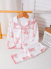 Lurzo This Sweet And Cute Teddy Bear Print Long Sleeve Collared Top Paired With Long Pants, Comfortable For Home Wear, Suitable For Girls At Home, Also Suitable For Baby Girl's Casual Wear In Spring And Autumn. The Fabric Is Comfortable, The Design Is Unique, And It Is Suitable For Wearing In The Evening In Spring, Autumn And Winter. - White - View 3