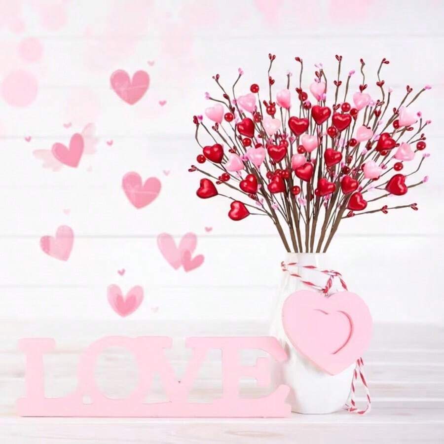 4 Bunches - Valentine's Day Red & Pink Artificial Berry Flower Branches, Strong Ambiance Home Dining Table Decor, Creative Gift Floral Ornament - Artificial Flowers, Valentine's Day Decoration - Multicolor - View 1