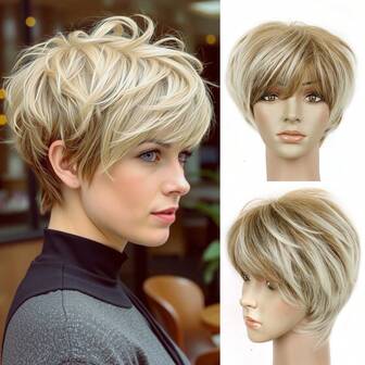 Elegant kort lockig peruk för kvinnor - brun blandad gyllene, värmebeständigt syntetiskt hår med hög densitet, perfekt för dagligt bruk och cosplay