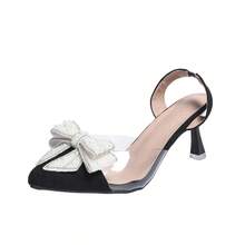 Women's Elegant Pearl Bow Pointed Toe Stiletto High Heel Shoes, Backless Party Dress Sandals - Black - View 7