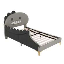 Children's Bed 90 X 200 Cm, Dinosaur Pattern, Flat Bed, Made Of Polyurethane, Grey