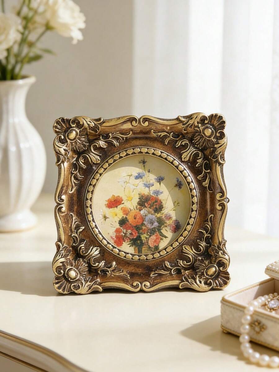 1pc Square Mini Photo Frame Easel Vintage Resin Photo Frame Oil Painting Resin Frame Gallery Wall Decor