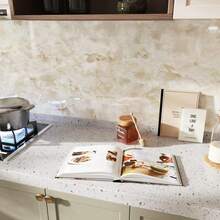 1pc Beige Waterproof Oil-Proof Marble & Cloud Pattern Wallpaper, Smooth Contact Paper, Self-Adhesive Kitchen Decor Wall Sticker, Bathroom Countertop, Home Decor, Cabinet, Table & Chair, Room Renovation Peel And Stick Wallpaper - Khaki - View 15