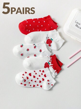 5 pares de calcetines cortos para mujer con estampado de fresa, transpirables, que absorben la humedad, lavables a máquina, aptos para uso diario, primavera/verano