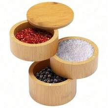 3 In 1 Bamboo Salt And Pepper Box - Divided Salt Cellar With Swivel Lid, Salt Storage Box With Magnetic Lid To Keep Dry, Kitchen Spice Cellar Container For Salt, Pepper, Seasoning, Spices - Gold - View 1