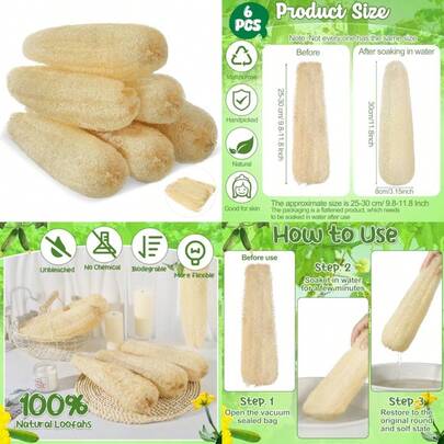 11.8 Inches Natural Loofah Sponges Pack Of 6 For Kitchen Dishes Body Scrubber