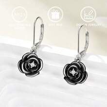1 Pair S925 Sterling Silver Black Rose Pendant Earrings For Women, Fashion Cubic Zirconia Inlaid, Valentine's Day Gift - Silver - View 5