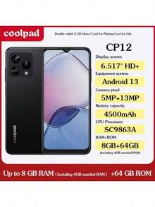 Coolpad COOL CP12，Android 13 系统，6.517 英寸高清+显示屏，颜色：浅蓝色、黑色，CPU：SC9863A，8GB（含 4GB 可扩展内存）+ 64GB 和 8GB（含 4GB 可扩展内存）+ 128GB 存储选项，1300 万像素三摄，4500mAh 电池，双卡双待，支持 4G 充电，符合欧盟标准的智能手机 - 黑色 - 查看 5