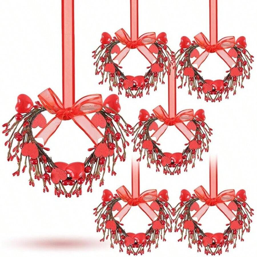 Valentine's Day Red & Pink Heart Shaped Artificial Flower & Berry Candle Wreath, Tabletop Centerpiece Candle Holder - Multicolor - View 1