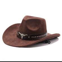 1pc Unisex Faux Suede Denim Hat, Leather Decor, New Retro Cyberpunk Boho Style Adjustable Wide Brim Cap, Fashionable Street Style, Gift For Men, Suitable For Parties, Western Themed Events, Gatherings, Cosplay, Graduation Ceremonies, Masquerade Balls, Festivals, Birthdays, Music Festivals, Hiking And More - Top Hat - View 9