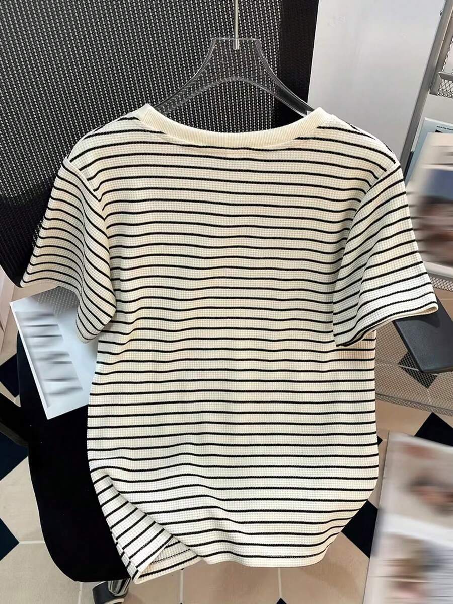 Camiseta de mujer de cuello redondo y manga corta casual, a rayas de waffle, para verano - albaricoque claro - Ver 1