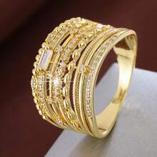 1pc Minimalist Geometric Parallel Lines Wide Band Design Cubic Zirconia Inlaid Fashion Ring For Women - Multicolor - View 14