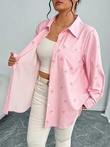 Áo sơ mi dài màu hồng in nơ dành cho nữ, thiết kế vai rớt, cài cúc phía trước, kiểu dáng thường ngày bằng chất liệu polyester. - Màu Hồng baby - Xem 7