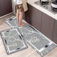 Modern Kitchen Mat With Gray Marble Pattern, White Veins, Silver Border & Light Brown Center Stain - Rectangular Anti - Slip Floor Mat For Kitchen Cabinetry, Ideal For Tiled Floors (Perfect Fo - trắng - Xem 3